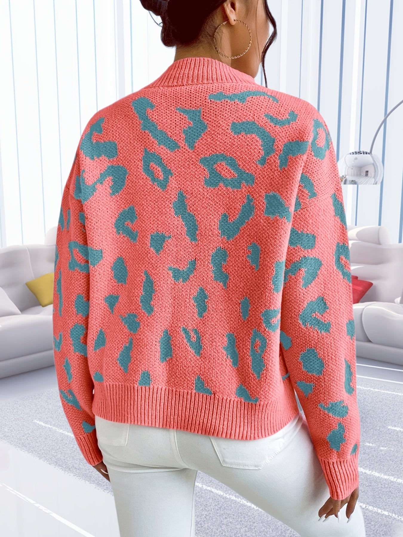 Sixsr Graphic Pattern Mock Neck Pullover Sweater, Casual Long Sleeve Sweater, Women's Clothing
