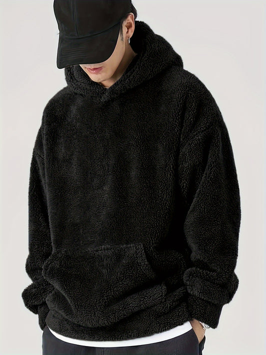 Sixsr Coral Fleece Solid Color Hoodies For Men, Warm Hoodie With Kangaroo Pocket, Comfy Loose Trendy Hooded Pullover, Mens Clothing For Autumn Winter