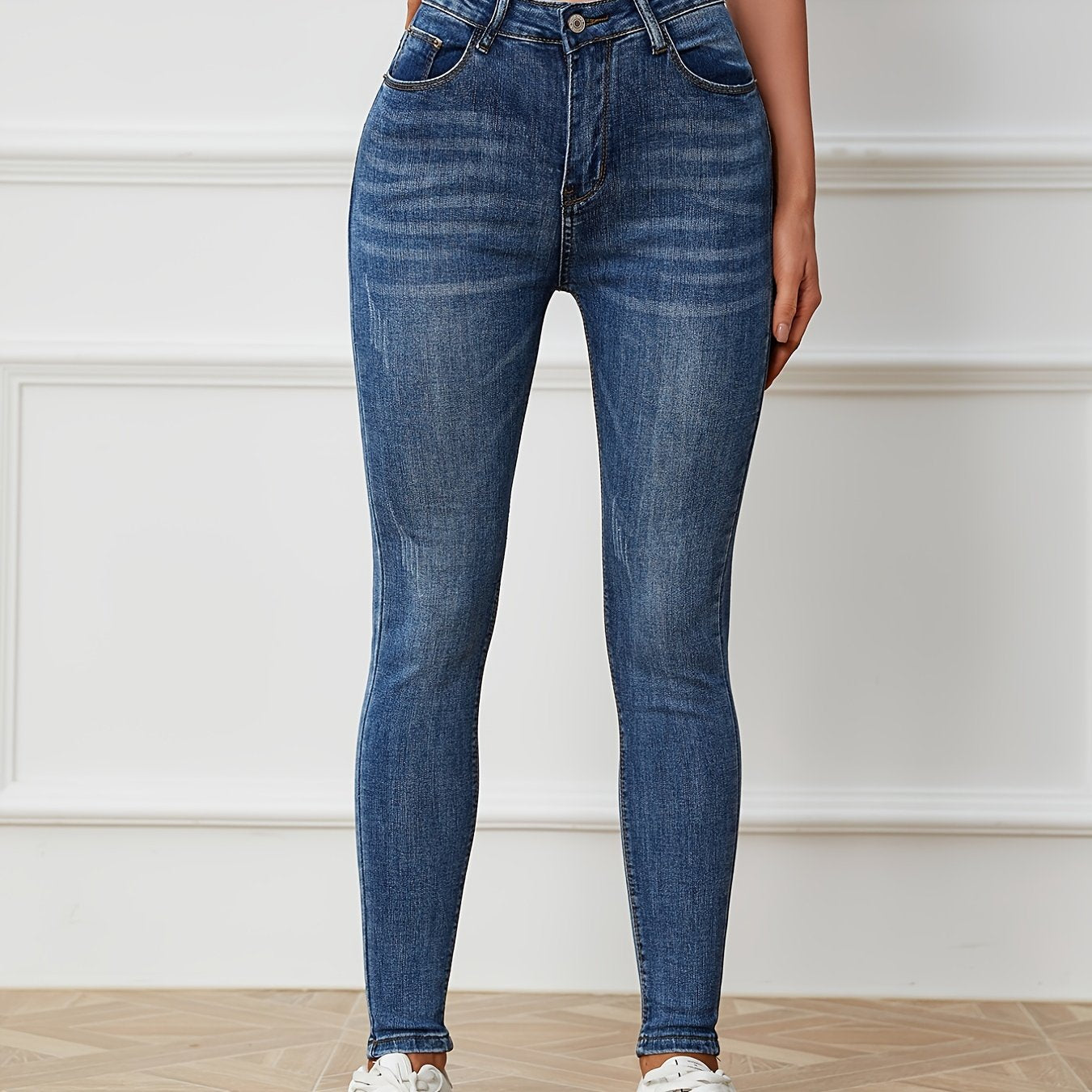 Sixsr High Rise Water Ripple Embossed Skinny Jeans, High Waist Zipper Button Closure Solid Color Skinny Pants, Women's Denim Jeans, Women's Clothing