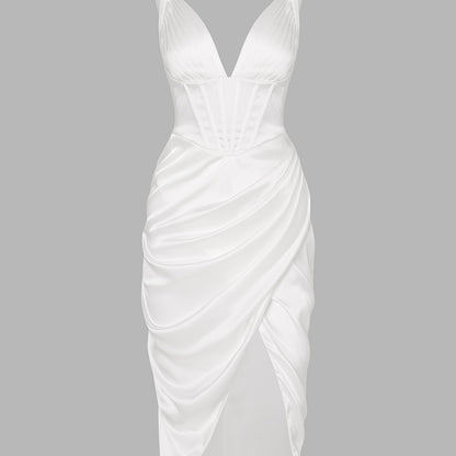 Sexy Backless Slim Deep V Neck Dress, Casual Every Day Dress For Spring & Fall, Women's Clothing