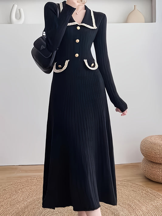 Sixsr Button Front High Waist Dress, Elegant Long Sleeve Midi Dress, Women's Clothing