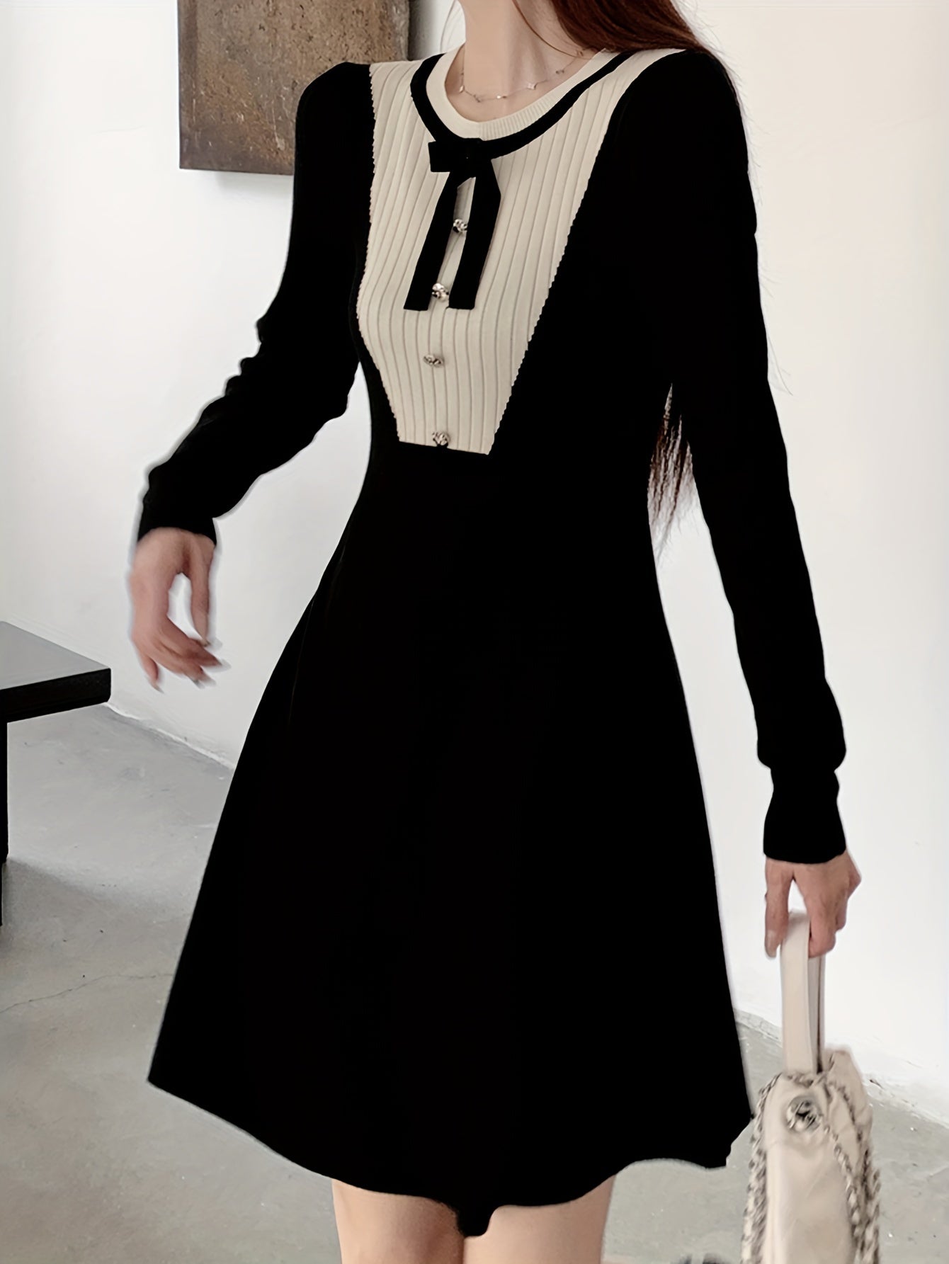 Sixsr Color Block Button Decor Dress, Elegant Long Sleeve A-line Knit Tied Dress, Women's Clothing