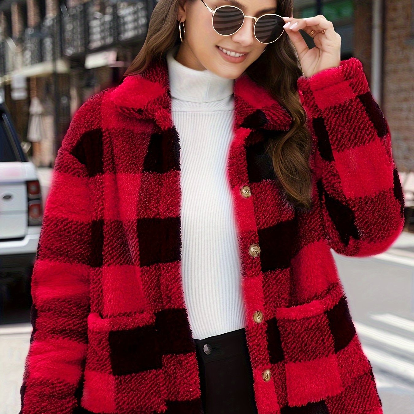 Sixsr Plaid Print Patched Pockets Teddy Coat, Versatile Long Sleeve Single Breasted Winter Outwear, Women's Clothing