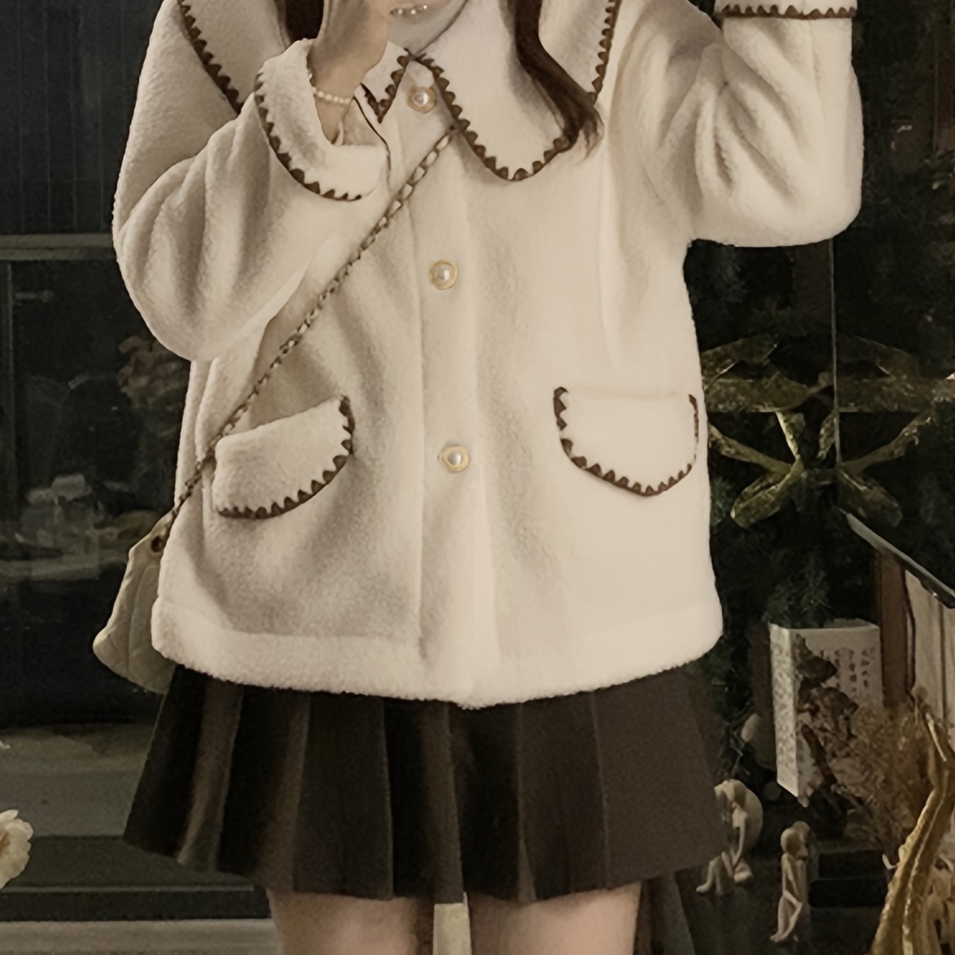 Sixsr Contrast Trim Button Front Plush Coat, Casual Long Sleeve Dual Pockets Lapel Coat For Fall & Winter, Women's Clothing