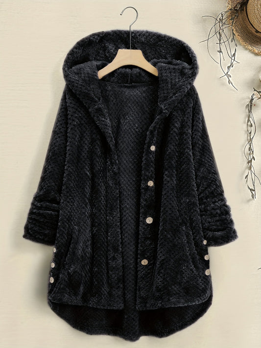 Sixsr Solid Color Mid-Length Thicken Warm Blend Coat, Casual Button Front Long Sleeve Outerwear, Women's Clothing