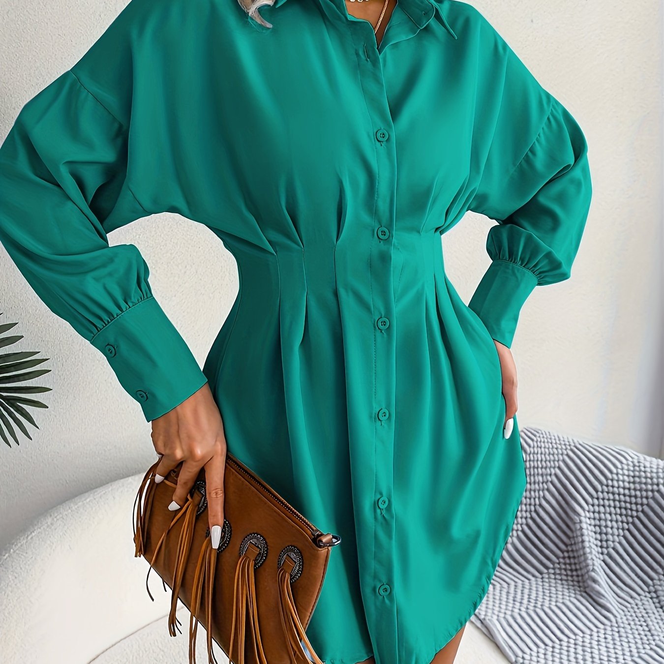 Sixsr Long Sleeve Mini Shirt Dress, Button Up Casual Dress For Fall & Spring, Women's Clothing