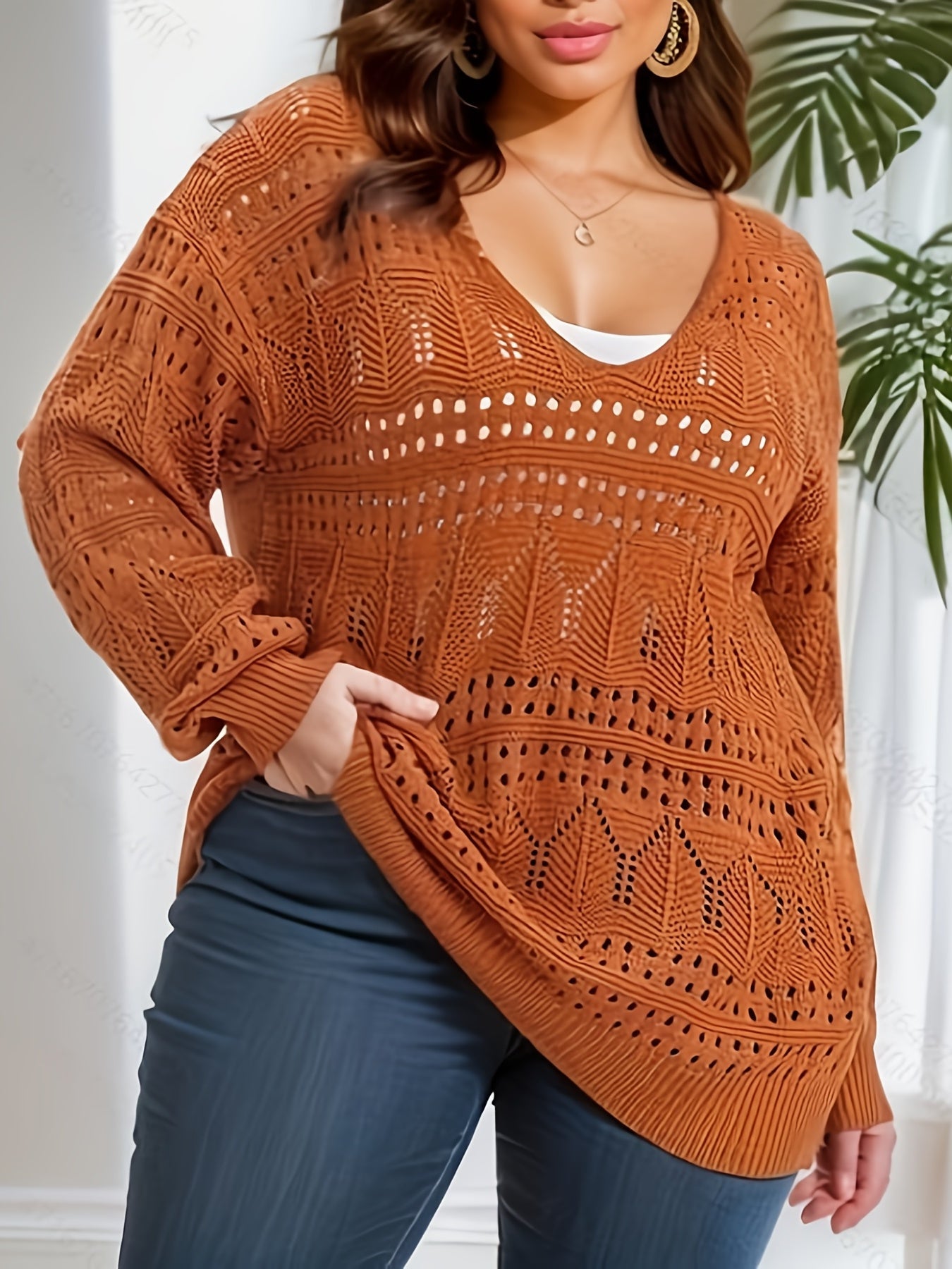 Sixsr Plus Size Casual Knit Top, Women's Plus Solid Hollow Out Long Sleeve V Neck Sheer Pullover Sweater