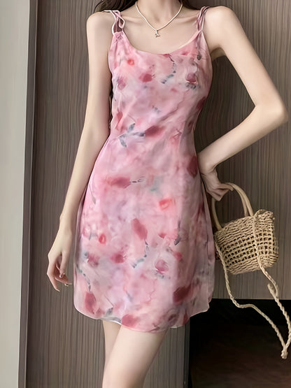 Tie Dye Crew Neck Cami Dress, Vintage Sleeveless Slim Dress For Spring & Summer, Women's Clothing