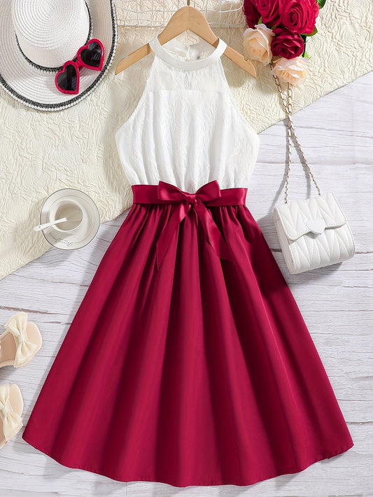 Elegant Girls Splicing Halter Neck Sleeveless Dress With Bow Belt Summer Party Gift