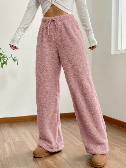 Sixsr Solid Color Teddy Bear Pants, Casual Drawstring Wide Leg Loose Pants, Women's Clothing