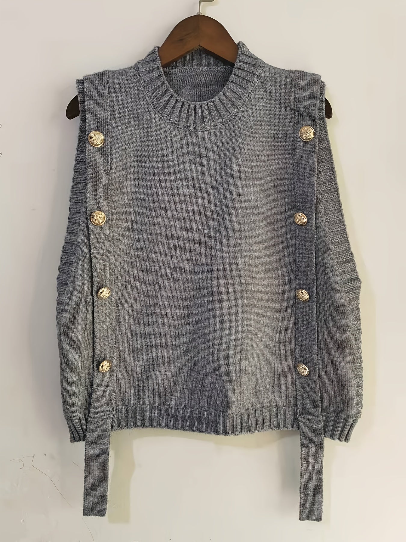 Sixsr Solid Button Sweater Vest, Crew Neck Sweater Vest For Fall & Winter, Women's Clothing