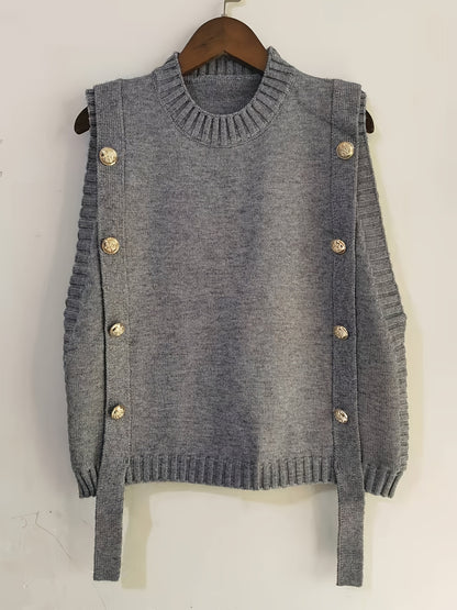 Sixsr Solid Button Sweater Vest, Crew Neck Sweater Vest For Fall & Winter, Women's Clothing