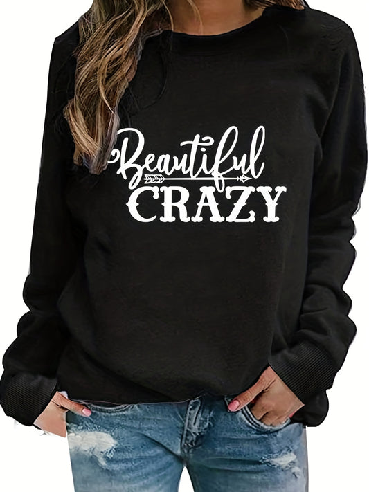 Sixsr Plus Size Casual Sweatshirt, Women's Plus Arrow & Art Letter Print Long Sleeve Round Neck Slight Stretch Sweatshirt