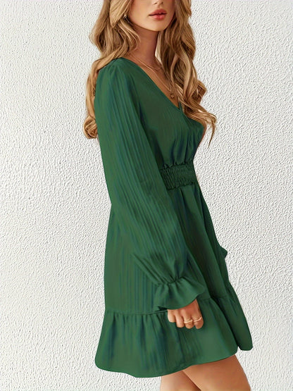 Sixsr Shirred Waist Ruffle Trim Dress, Casual V Neck Long Sleeve Dress, Women's Clothing