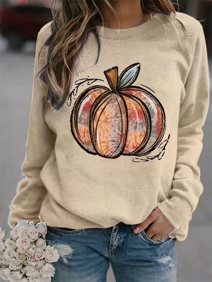 Sixsr Halloween Pumpkin Print Sweatshirt, Casual Long Sleeve Crew Neck Sweatshirt, Women's Clothing