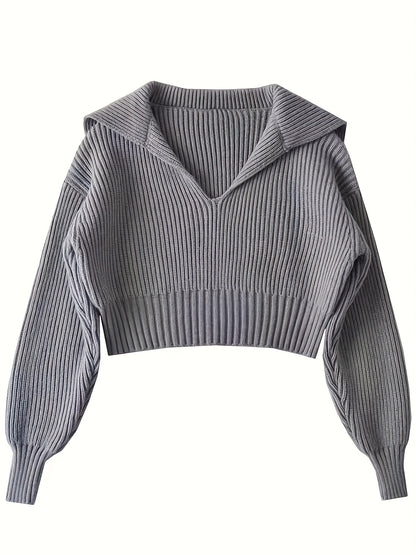 Sixsr Solid Crop Rib Knit Sweater, Casual Long Sleeve V Neck Sweater, Women's Clothing