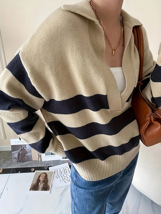 Sixsr Striped V Neck Pullover Sweater, Casual Long Sleeve Drop Shoulder Sweater, Women's Clothing