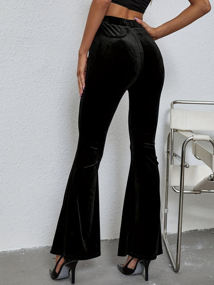 Sixsr Solid Velvet Flare Leg Pants, Casual Elastic Slim Pants For Spring & Fall, Women's Clothing