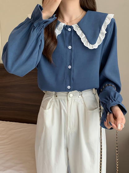 Sixsr Eyelet Lace Stitching Peter Pan Collar Shirt, Sweet Long Sleeve Button Front Shirt For Spring & Fall, Women's Clothing