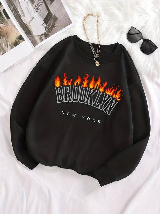 Sixsr Plus Size Casual Sweatshirt, Women's Plus Letter & Fire Print Long Sleeve Round Neck Sweatshirt