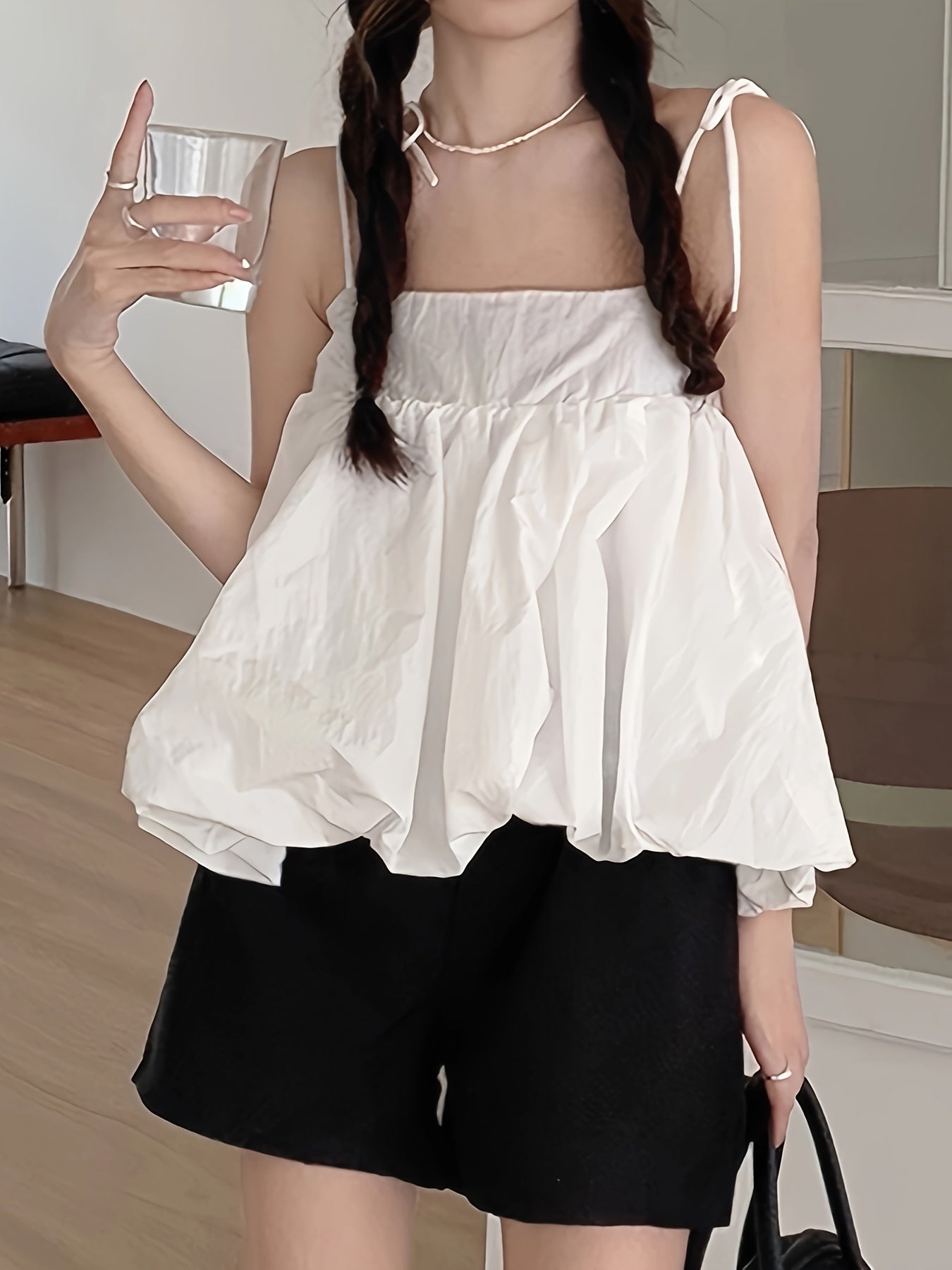 Sixsr Solid Color Knot Strap Flare Top, Casual Sleeveless Straight Neck Cami Top For Summer, Women's Clothing