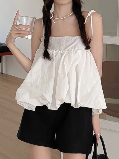 Sixsr Solid Color Knot Strap Flare Top, Casual Sleeveless Straight Neck Cami Top For Summer, Women's Clothing