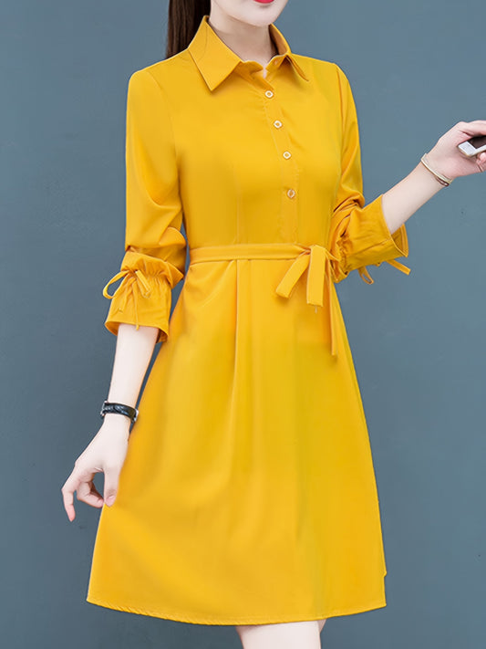 Sixsr Button Front Long Sleeve Shirt Dress, Casual Tie-waist Lapel Neck Dress, Women's Clothing