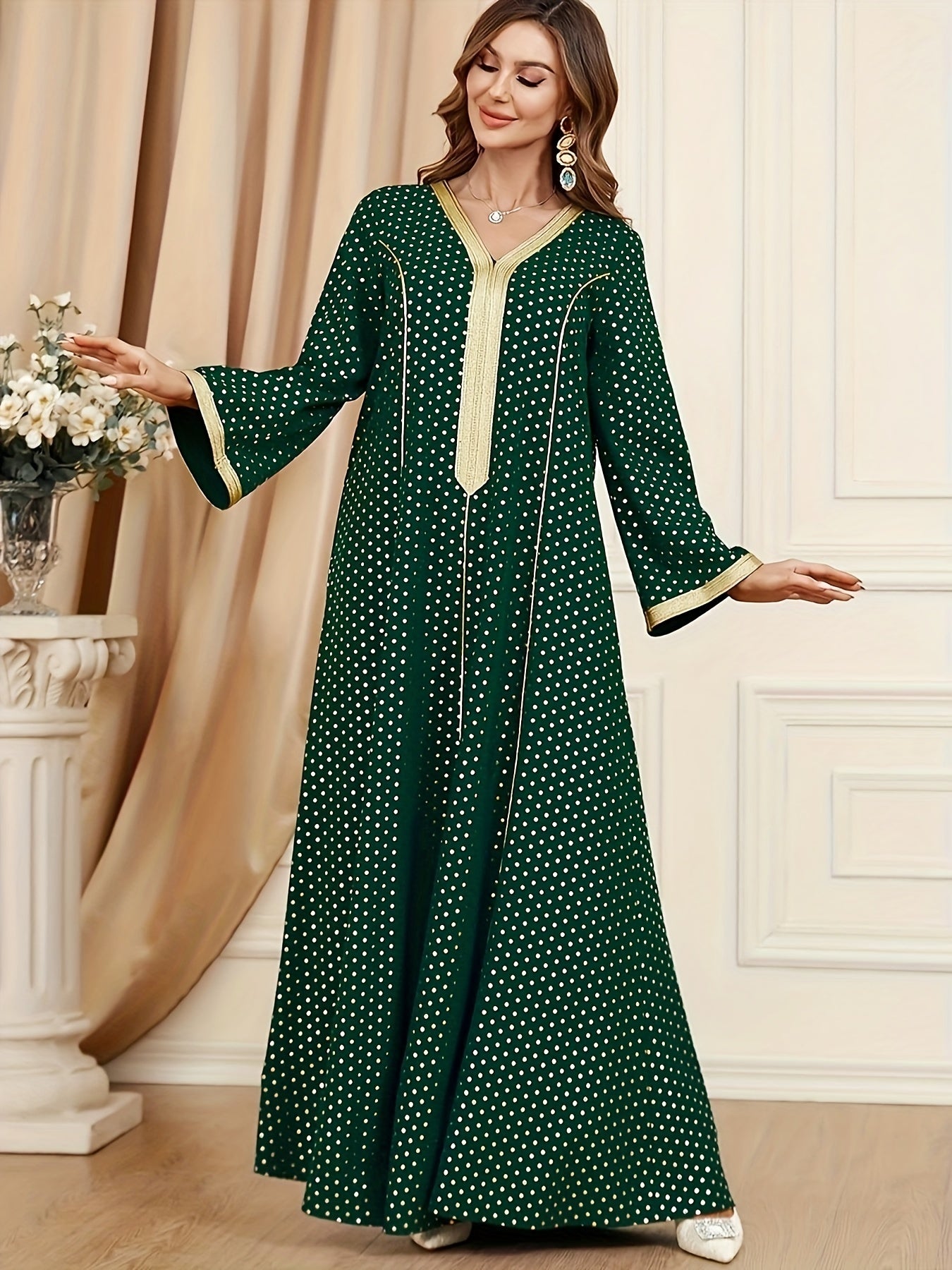 Sixsr Pin Dot Maxi Kaftan Dress, Elegant V Neck Long Sleeve Dress, Women's Clothing