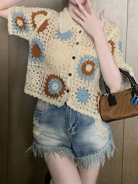 Sixsr Graphic Pattern Hollow Crochet Cardigan, Vintage Button Up Short Sleeve Stylish Top, Women's Clothing