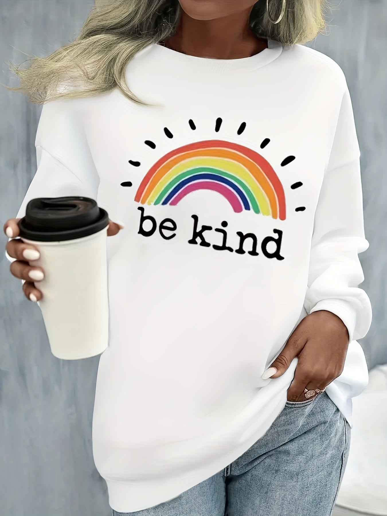 Sixsr Plus Size Casual Sweatshirt, Women's Plus Rainbow & Slogan Print Long Sleeve Round Neck Slight Stretch Sweatshirt