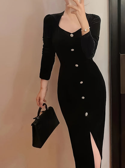 Sixsr Button Solid Color Dress, Elegant Long Sleeve Dress For Party & Banquet, Women's Clothing