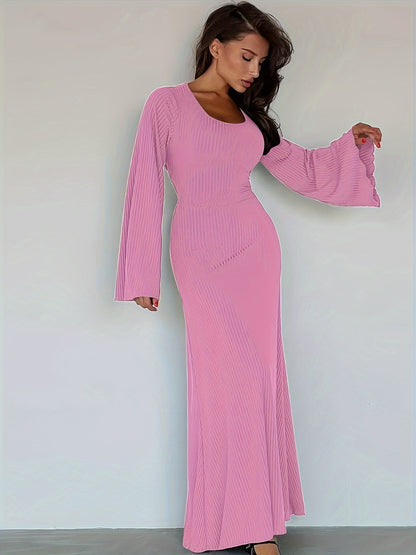Sixsr Solid Flared Long Sleeve Dress, Casual Squared Neck Maxi Dress, Women's Clothing