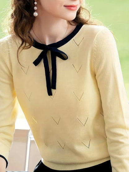 Elegant Women's Knit Sweater with Bow Tie Detail - Comfy and Stylish for Spring and Summer