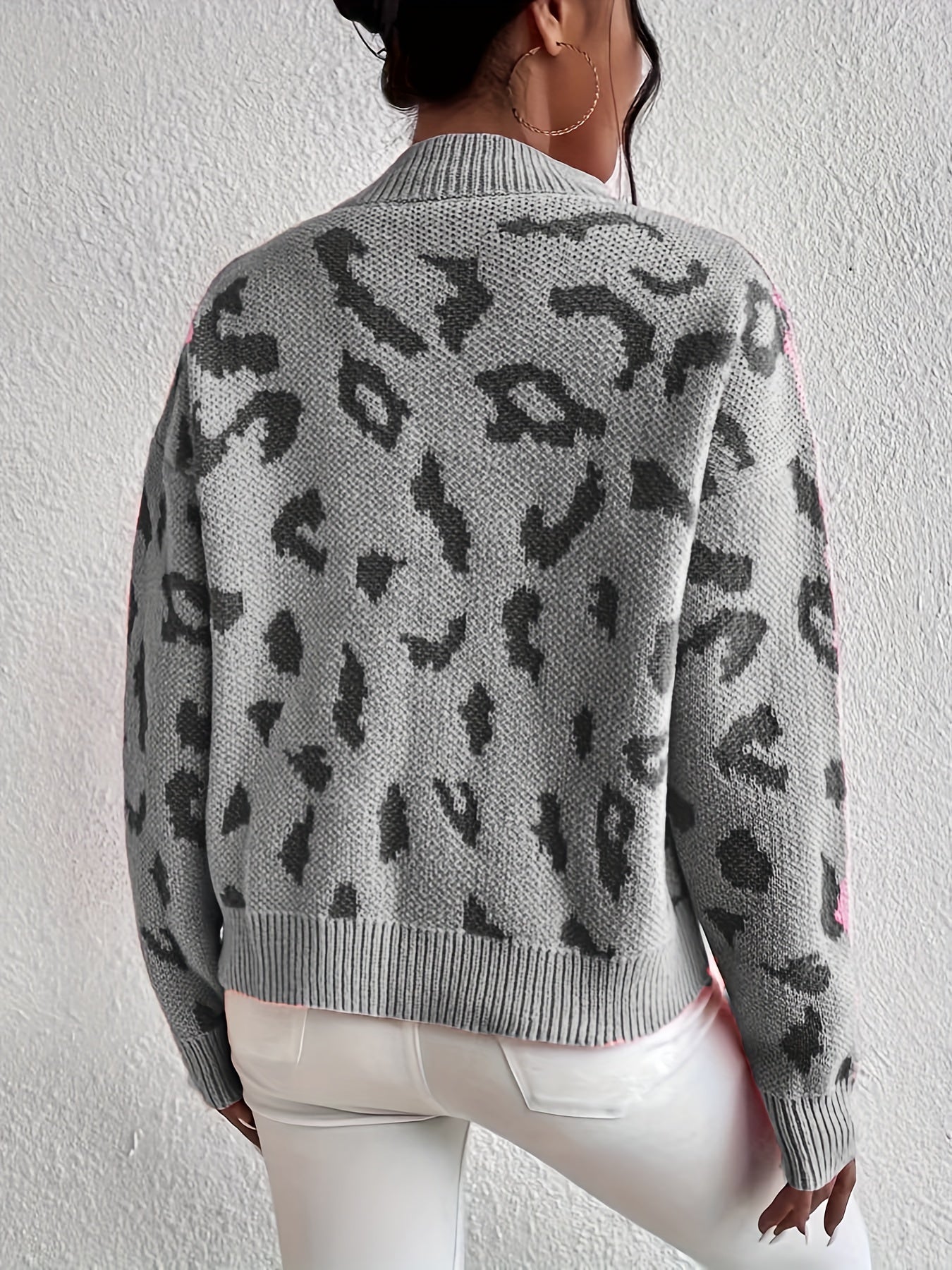 Sixsr Leopard Pattern Mock Neck Sweater, Casual Long Sleeve Sweater For Fall & Winter, Women's Clothing