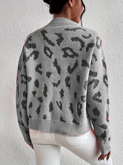 Sixsr Leopard Pattern Mock Neck Sweater, Casual Long Sleeve Sweater For Fall & Winter, Women's Clothing