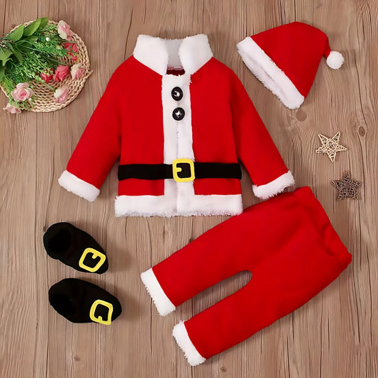 Classic Santa Claus Costume Set for – 4pcs Festive Outfit with Coat, Pants, Hat, and Shoe Covers, Soft Red Polyester, Baby Christmas Apparel, Collar Top for Seasonal Parties and Events