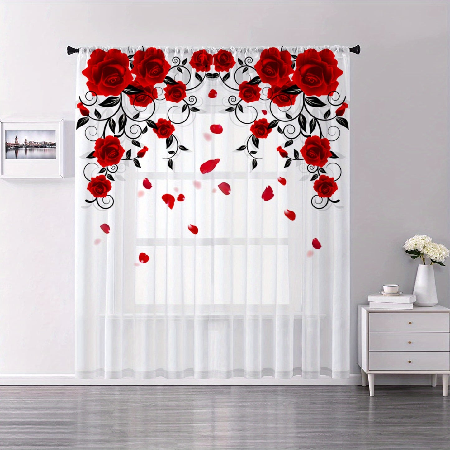 1pc Red Rose Printing Curtain, Rod Pocket Window Treatment For Bedroom Office Kitchen Living Room Study Home Decor, Room Decoration Aesthetic Curtain