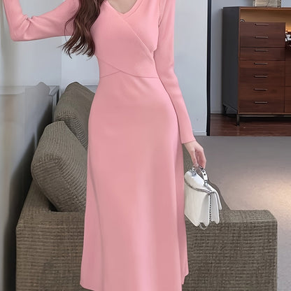 Sixsr Solid Cut Out Slim Dress, Elegant Long Sleeve Tie Back Dress For Spring & Fall, Women's Clothing