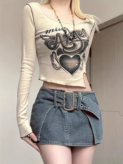 Sixsr Heart & Letter Print Notch Hem T-Shirt, Y2K Long Sleeve Top For Spring & Fall, Women's Clothing