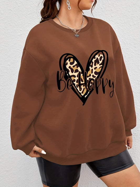 Sixsr Plus Size Casual Sweatshirt, Women's Plus Leopard Heart & Slogan Print Long Sleeve Round Neck Sweatshirt