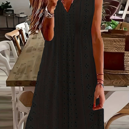 Plus Size Elegant Dress, Women's Plus Solid Eyelet Embroidered Notched Neck Medium Stretch Tank Dress