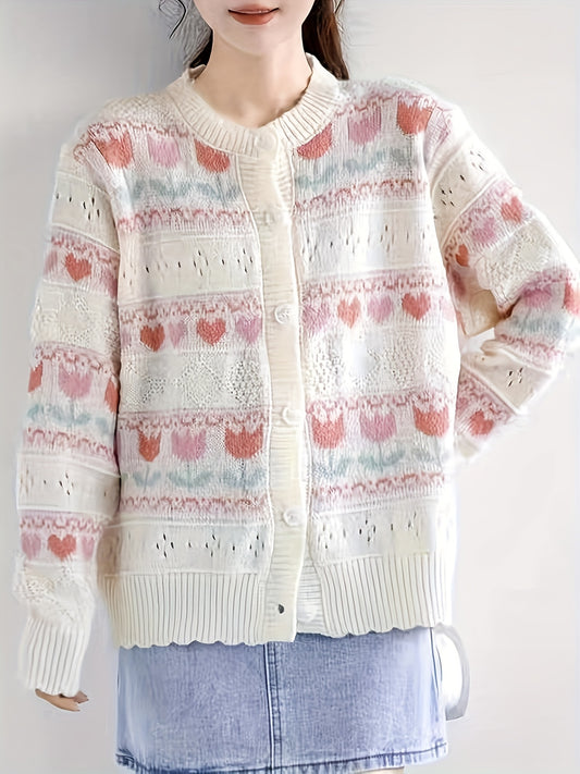 Sixsr Tulip Pattern Button Front Cardigan, Vintage Long Sleeve Drop Shoulder Outwear, Women's Clothing