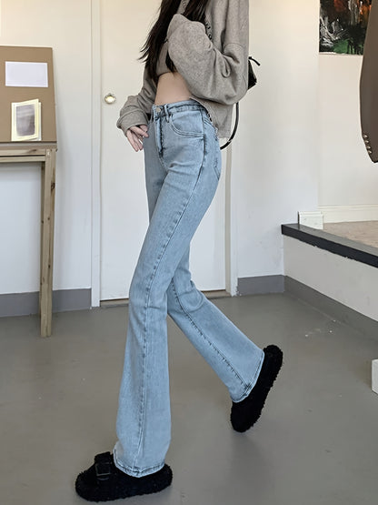 Sixsr High Waist Washed Flare Jeans, Slim Fitted Slant Pocket Stylist Denim Pants, Women's Denim Jeans & Clothing