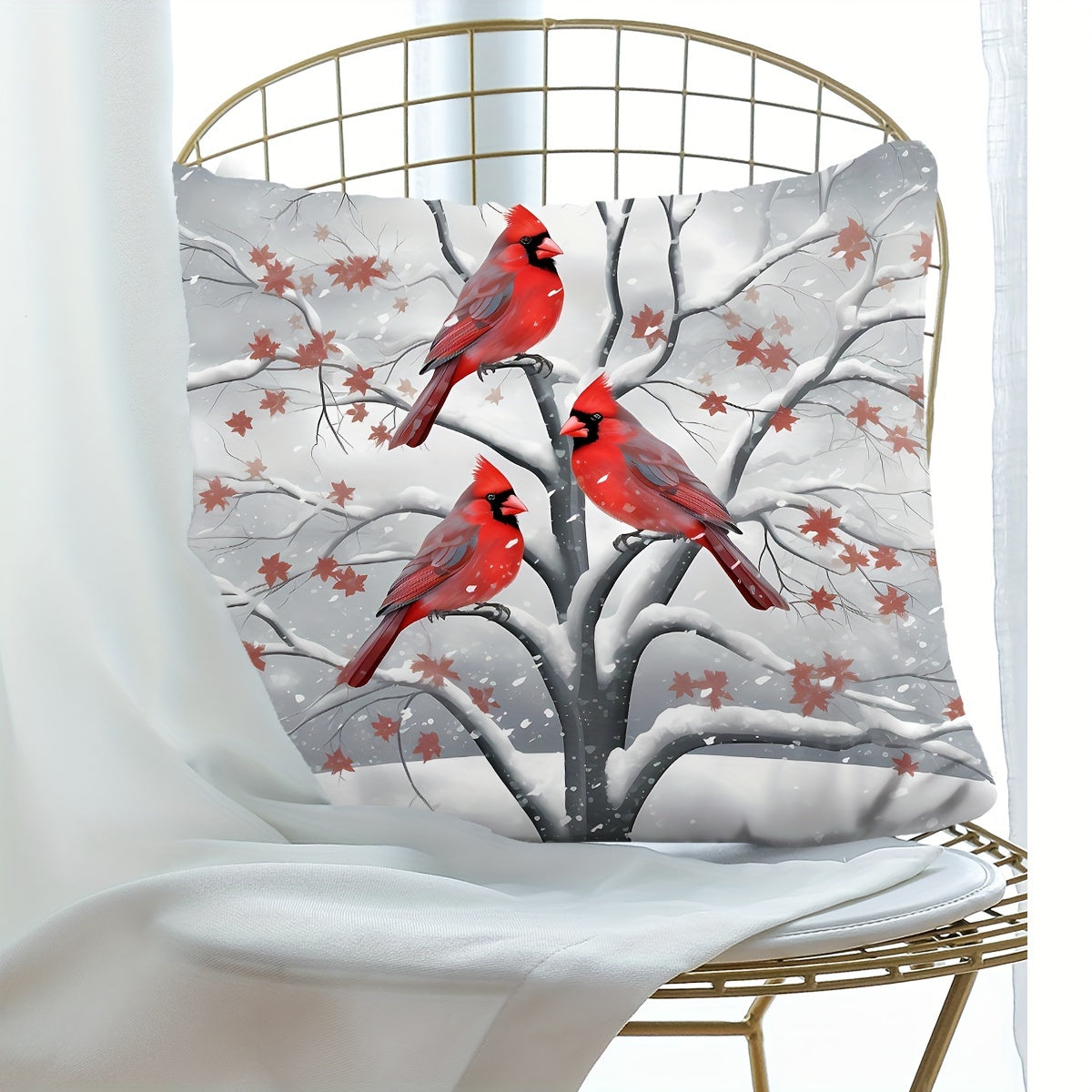 Christmas Charm Pillow Cover 17.7" - Festive Tree, Snowman & Bird Design | Soft Polyester, Zip Closure | Perfect for Sofa & Bedroom Decor, Christmas Decor