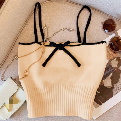 Sixsr Contrast Trim Spaghetti Strap Top, Casual Straight Neck Knit Cami Top, Women's Clothing