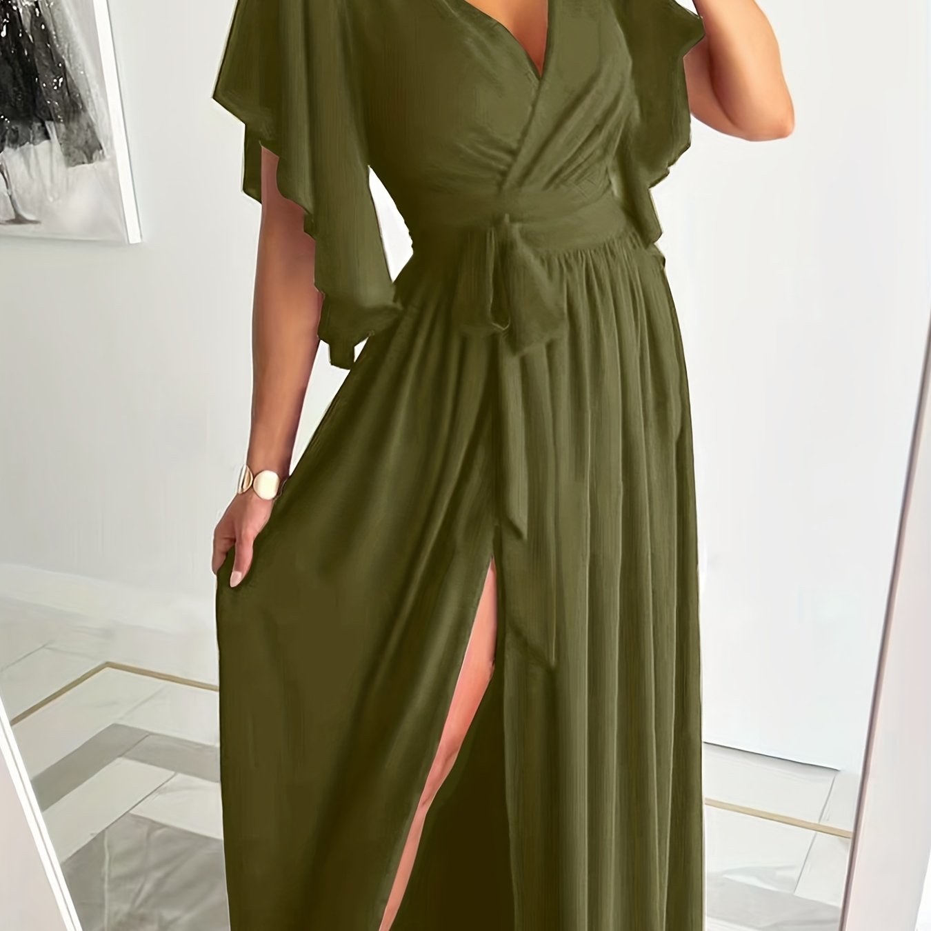 Elegant Plus Size Maxi Dress with Ruffle Sleeves and High Split Hem - Perfect for Special Occasions