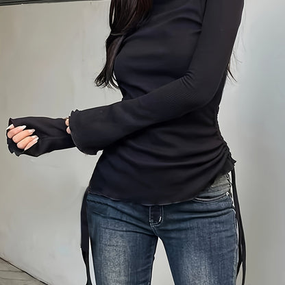 Sixsr Drawstring Crew Neck T-Shirt, Y2K Long Sleeve Lettuce Trim Top For Spring & Fall, Women's Clothing