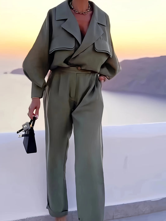 Sixsr Casual Solid Two-piece Set, Lapel Pocket Long Sleeve Top & Elastic Waist Back Pants Outfits, Women's Clothing