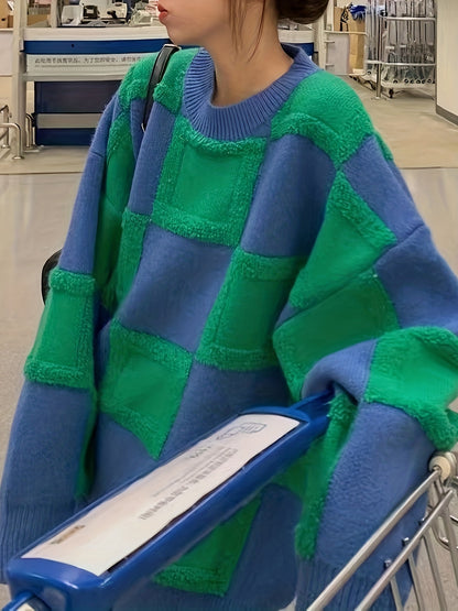 Sixsr Plaid Pattern Crew Neck Pullover Sweater, Casual Long Sleeve Drop Shoulder Sweater, Women's Clothing