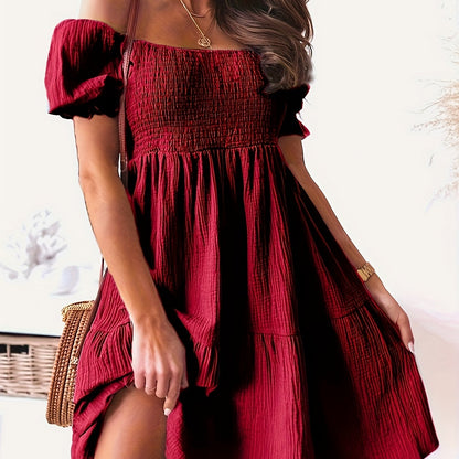 Off Shoulder Smocked Dress, Loose Vacation Casual Dress For Summer & Spring, Women's Clothing